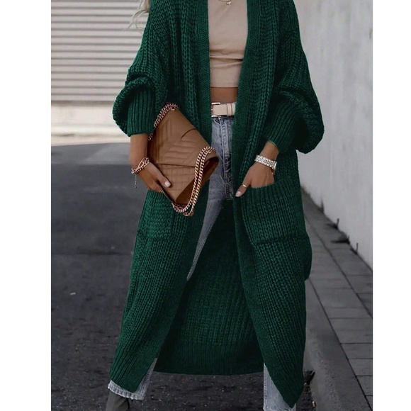 Plus Open Front Pockets Long Knit Cardigan - Picture 1 of 6